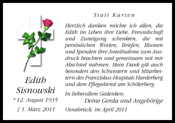 Traueranzeige von Edith Sisnowski von Neue Osnabrücker Zeitung GmbH & Co. KG