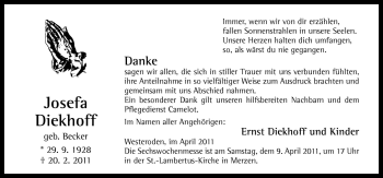 Traueranzeige von Josefa Diekhoff von Neue Osnabrücker Zeitung GmbH & Co. KG