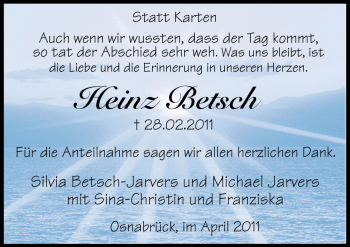 Traueranzeige von Heinz Betsch von Neue Osnabrücker Zeitung GmbH & Co. KG