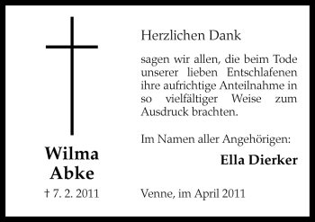 Traueranzeige von Wilma Abke von Neue Osnabrücker Zeitung GmbH & Co. KG