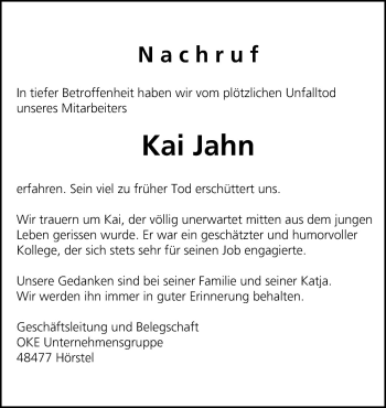 Traueranzeige von Kai Jahn von Neue Osnabrücker Zeitung GmbH & Co. KG