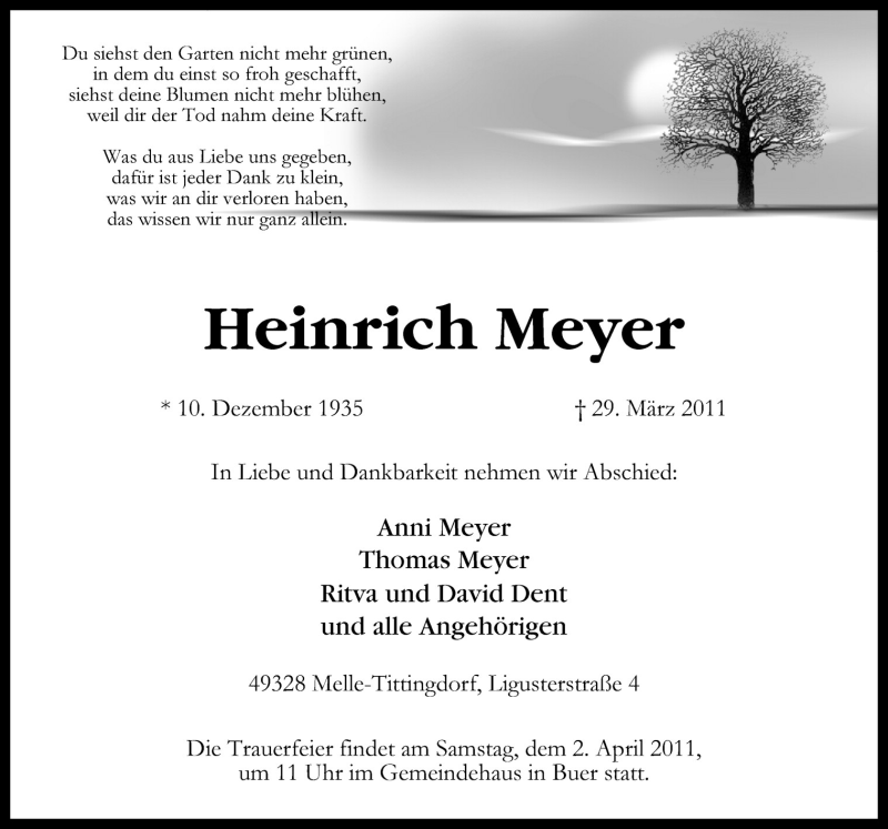  Traueranzeige für Heinrich Meyer vom 01.04.2011 aus Neue Osnabrücker Zeitung GmbH & Co. KG