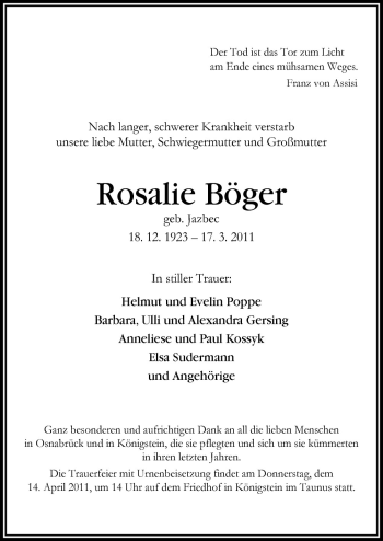 Traueranzeige von Rosalie Böger von Neue Osnabrücker Zeitung GmbH & Co. KG