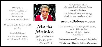 Traueranzeige von Maria Mainka von Neue Osnabrücker Zeitung GmbH & Co. KG