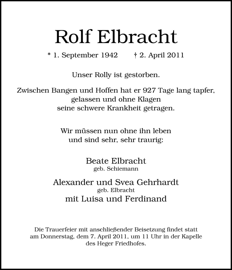  Traueranzeige für Rolf Elbracht vom 05.04.2011 aus Neue Osnabrücker Zeitung GmbH & Co. KG