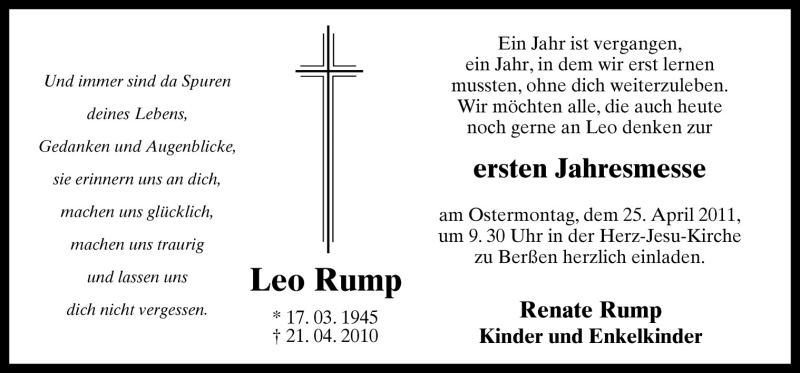  Traueranzeige für Leo Rump vom 21.04.2011 aus Neue Osnabrücker Zeitung GmbH & Co. KG