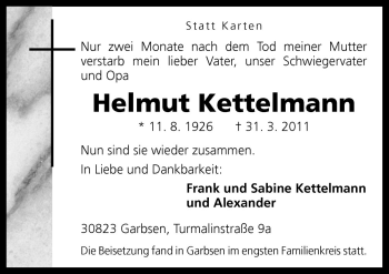 Traueranzeige von Helmut Kettelmann von Neue Osnabrücker Zeitung GmbH & Co. KG