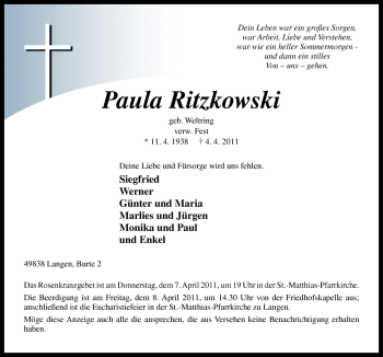 Traueranzeige von Paula Ritzkowski von Neue Osnabrücker Zeitung GmbH & Co. KG