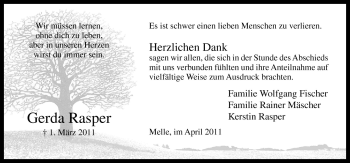Traueranzeige von Gerda Rasper von Neue Osnabrücker Zeitung GmbH & Co. KG