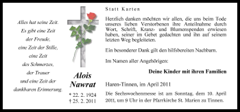 Traueranzeige von Alois Nawrat von Neue Osnabrücker Zeitung GmbH & Co. KG