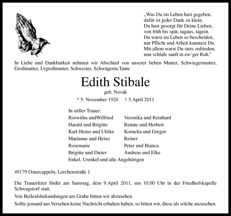  Traueranzeige für Edith Stibale vom 07.04.2011 aus Neue Osnabrücker Zeitung GmbH & Co. KG