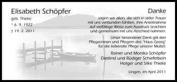 Traueranzeige von Elisabeth Schöpfer von Neue Osnabrücker Zeitung GmbH & Co. KG