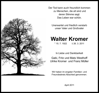 Traueranzeige von Walter Kromer von Neue Osnabrücker Zeitung GmbH & Co. KG
