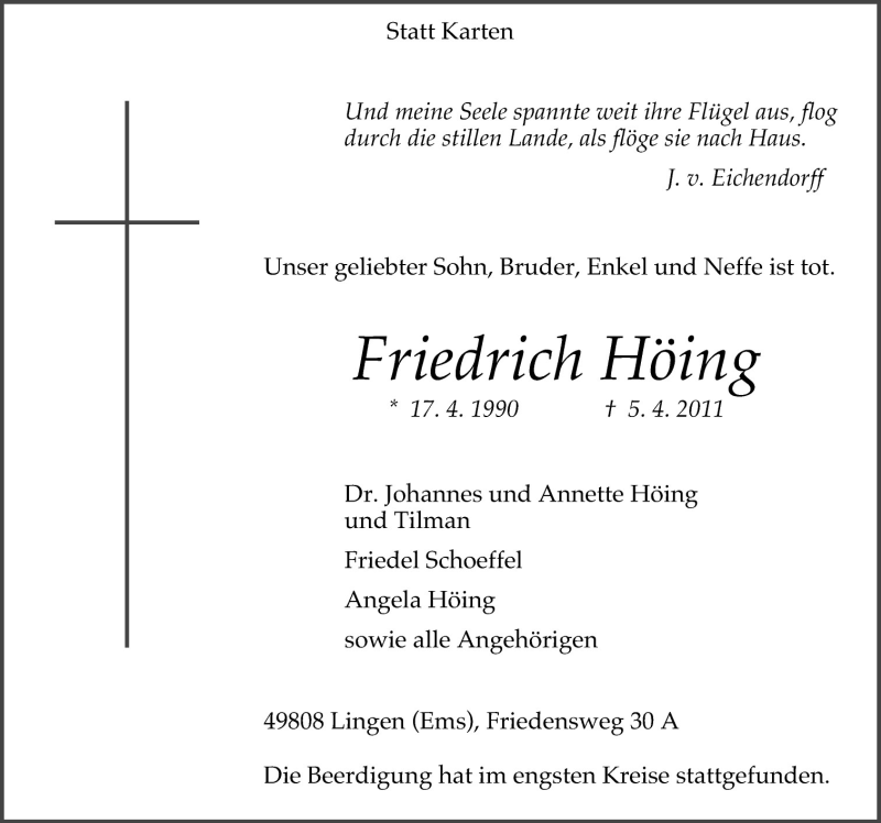  Traueranzeige für Friedrich Höing vom 09.04.2011 aus Neue Osnabrücker Zeitung GmbH & Co. KG