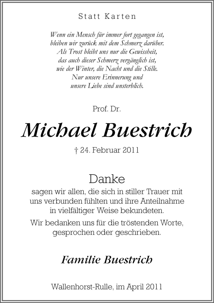  Traueranzeige für Michael Buestrich vom 09.04.2011 aus Neue Osnabrücker Zeitung GmbH & Co. KG