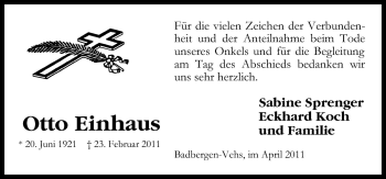 Traueranzeige von Otto Einhaus von Neue Osnabrücker Zeitung GmbH & Co. KG