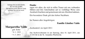 Traueranzeige von Margaretha Vahle von Neue Osnabrücker Zeitung GmbH & Co. KG