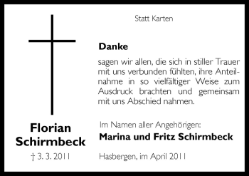 Traueranzeige von Florian Schirmbeck von Neue Osnabrücker Zeitung GmbH & Co. KG