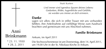 Traueranzeige von Anni Brinkmann von Neue Osnabrücker Zeitung GmbH & Co. KG