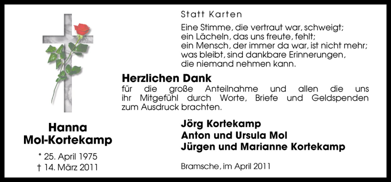  Traueranzeige für Hanna Mol-Kortekamp vom 16.04.2011 aus Neue Osnabrücker Zeitung GmbH & Co. KG