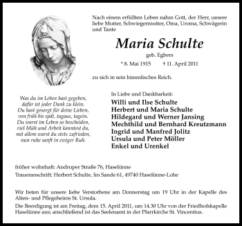 Traueranzeige von Maria Schulte von Neue Osnabrücker Zeitung GmbH & Co. KG