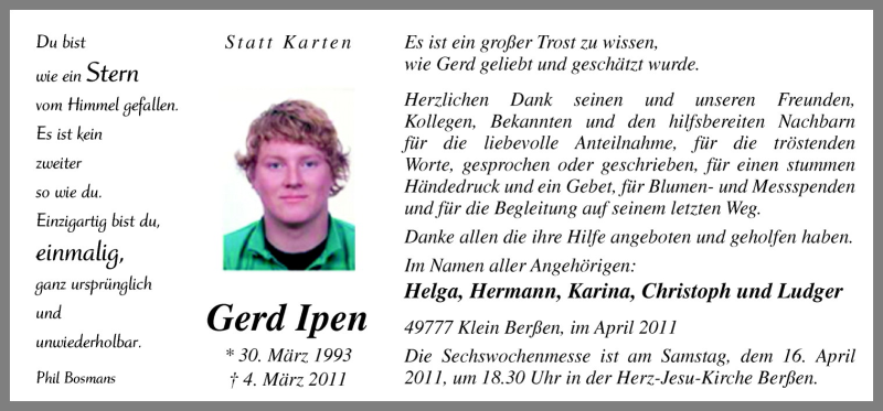  Traueranzeige für Gerd Ipen vom 13.04.2011 aus Neue Osnabrücker Zeitung GmbH & Co. KG