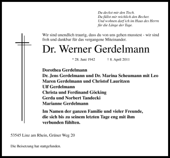 Traueranzeige von Werner Gerdelmann von Neue Osnabrücker Zeitung GmbH & Co. KG