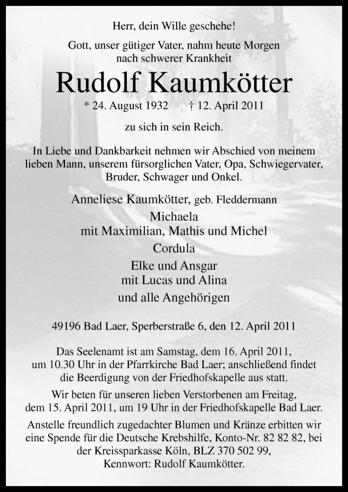  Traueranzeige für Rudolf Kaumkötter vom 13.04.2011 aus Neue Osnabrücker Zeitung GmbH & Co. KG