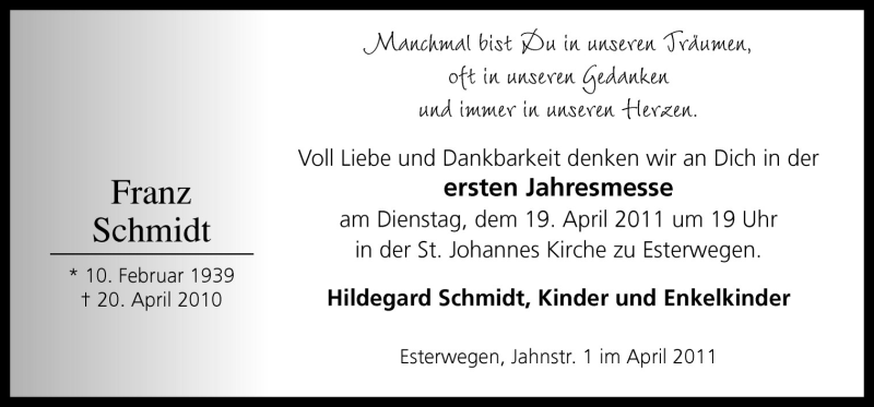  Traueranzeige für Franz Schmidt vom 16.04.2011 aus Neue Osnabrücker Zeitung GmbH & Co. KG