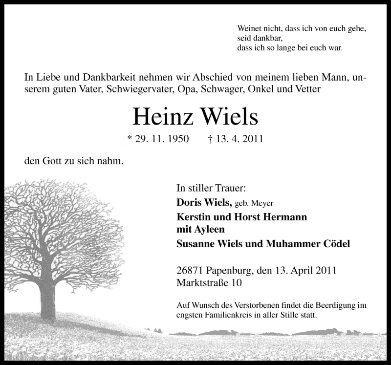  Traueranzeige für Heinz Wiels vom 14.04.2011 aus Neue Osnabrücker Zeitung GmbH & Co. KG