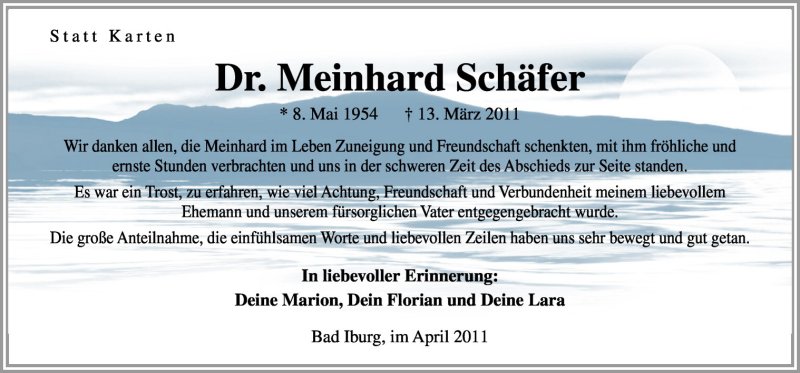  Traueranzeige für Meinhard Schäfer vom 23.04.2011 aus Neue Osnabrücker Zeitung GmbH & Co. KG