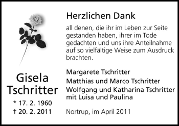 Traueranzeige von Gisela Tschritter von Neue Osnabrücker Zeitung GmbH & Co. KG