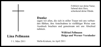 Traueranzeige von Lina Pellmann von Neue Osnabrücker Zeitung GmbH & Co. KG