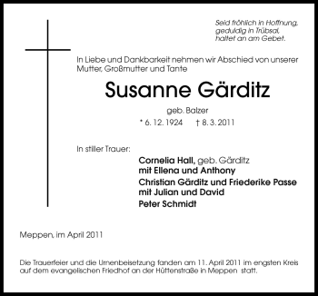 Traueranzeige von Susanne Gärditz von Neue Osnabrücker Zeitung GmbH & Co. KG