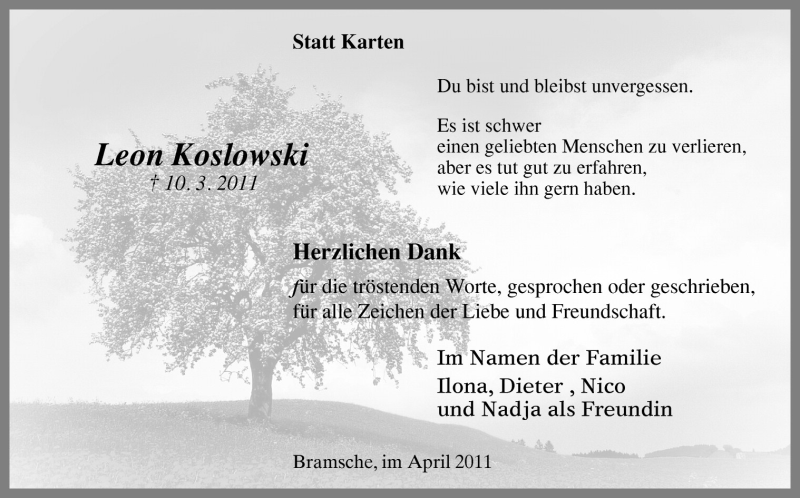  Traueranzeige für Leon Koslowski vom 16.04.2011 aus Neue Osnabrücker Zeitung GmbH & Co. KG