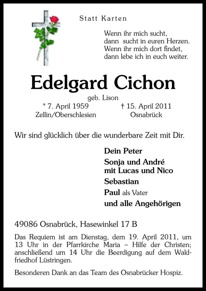  Traueranzeige für Edelgard Cichon vom 16.04.2011 aus Neue Osnabrücker Zeitung GmbH & Co. KG