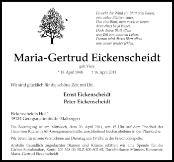 Traueranzeige von Maria-Gertrud Eickenscheidt von Neue Osnabrücker Zeitung GmbH & Co. KG