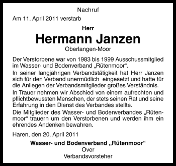 Traueranzeige von Hermann Janzen von Neue Osnabrücker Zeitung GmbH & Co. KG