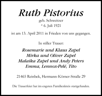 Traueranzeige von Ruth Pistorius von Neue Osnabrücker Zeitung GmbH & Co. KG