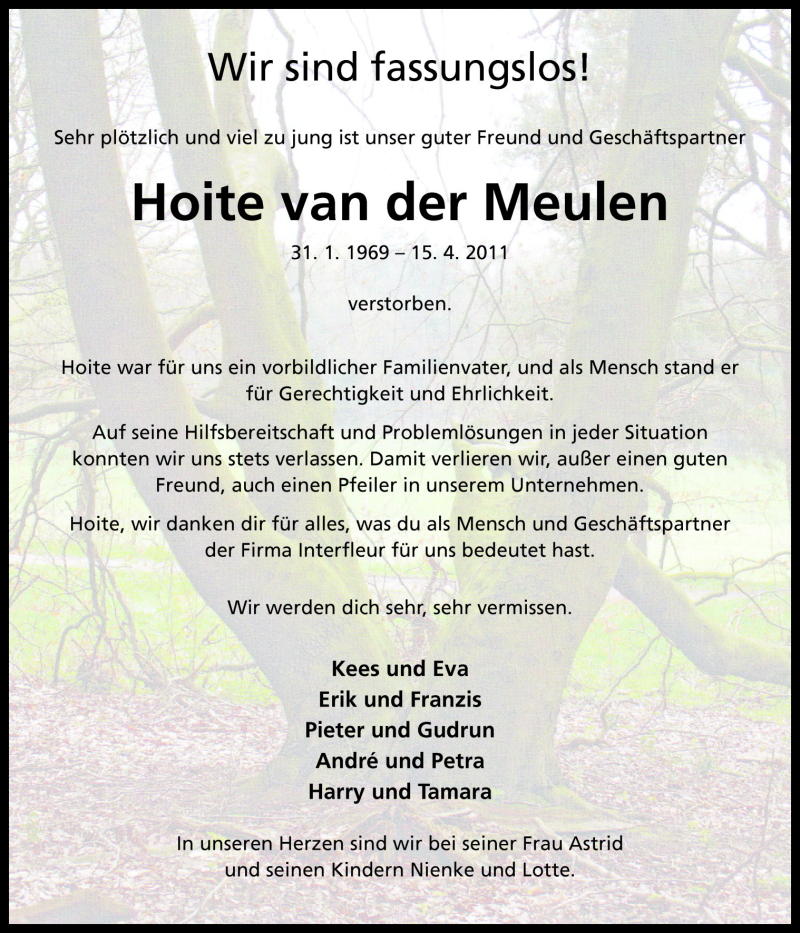  Traueranzeige für Hoite van der Meulen vom 20.04.2011 aus Neue Osnabrücker Zeitung GmbH & Co. KG