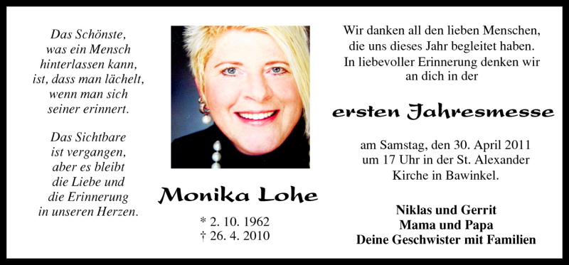  Traueranzeige für Monika Lohe vom 26.04.2011 aus Neue Osnabrücker Zeitung GmbH & Co. KG