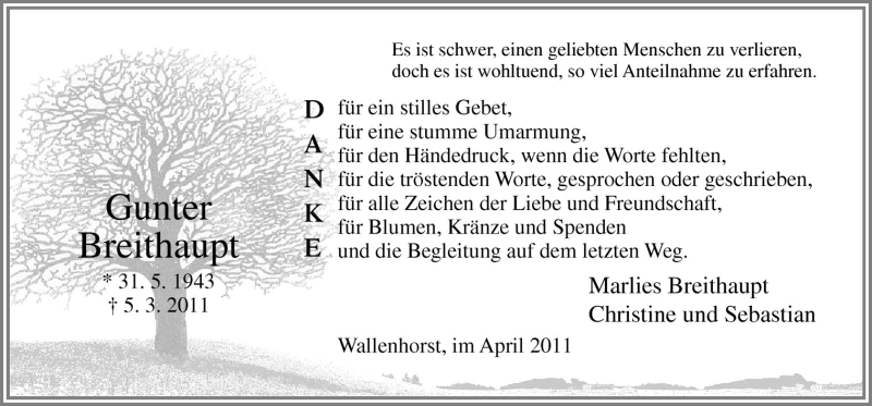  Traueranzeige für Gunter Breithaupt vom 23.04.2011 aus Neue Osnabrücker Zeitung GmbH & Co. KG