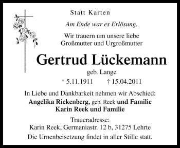 Traueranzeige von Gertrud Lückemann von Neue Osnabrücker Zeitung GmbH & Co. KG