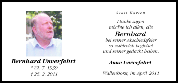 Traueranzeige von Bernhard Unverfehrt von Neue Osnabrücker Zeitung GmbH & Co. KG