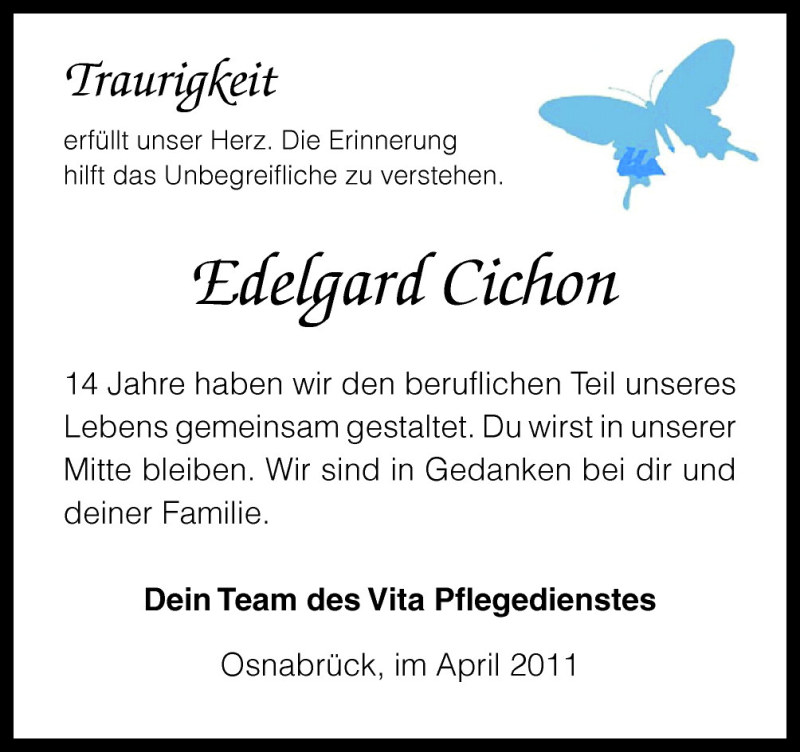  Traueranzeige für Edelgard Cichon vom 23.04.2011 aus Neue Osnabrücker Zeitung GmbH & Co. KG