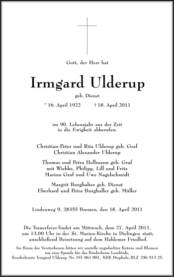 Traueranzeige von Irmgard Ulderup von Neue Osnabrücker Zeitung GmbH & Co. KG