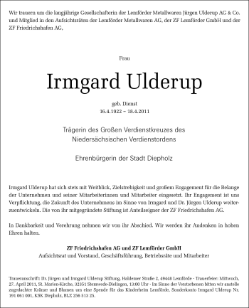 Traueranzeige von Irmgard Ulderup von Neue Osnabrücker Zeitung GmbH & Co. KG