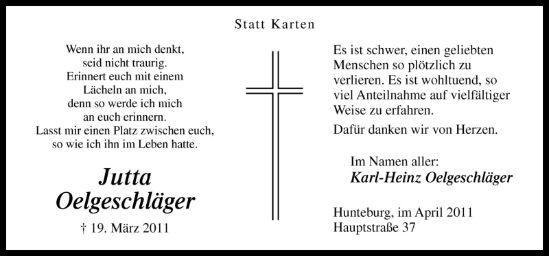  Traueranzeige für Jutta Oelgeschläger vom 23.04.2011 aus Neue Osnabrücker Zeitung GmbH & Co. KG