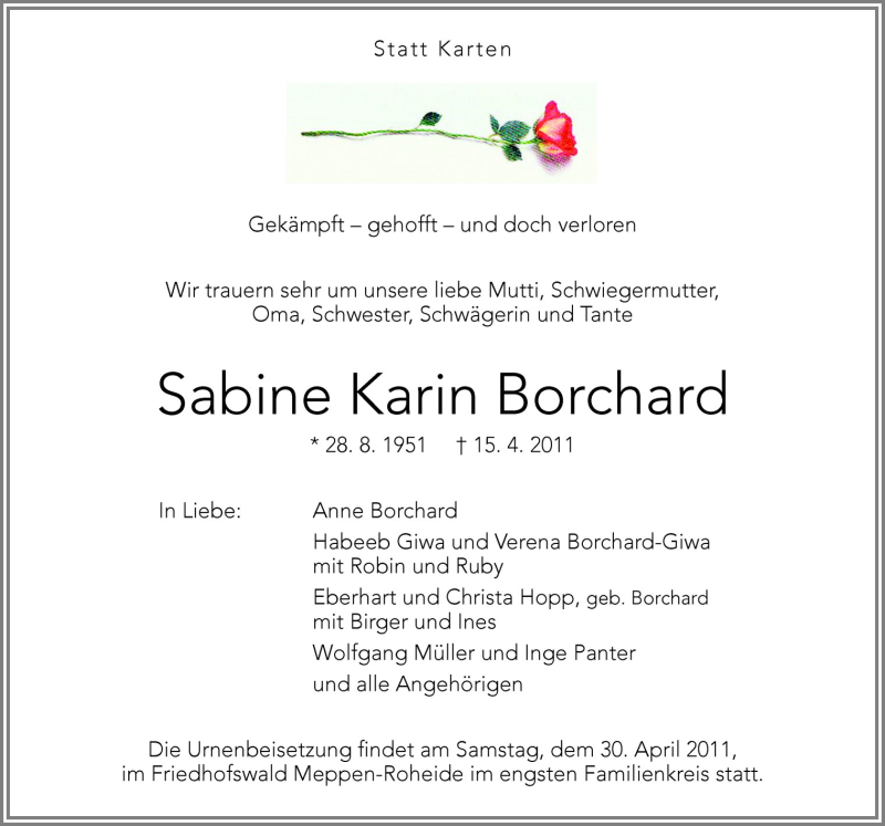  Traueranzeige für Sabine Karin Borchard vom 23.04.2011 aus Neue Osnabrücker Zeitung GmbH & Co. KG