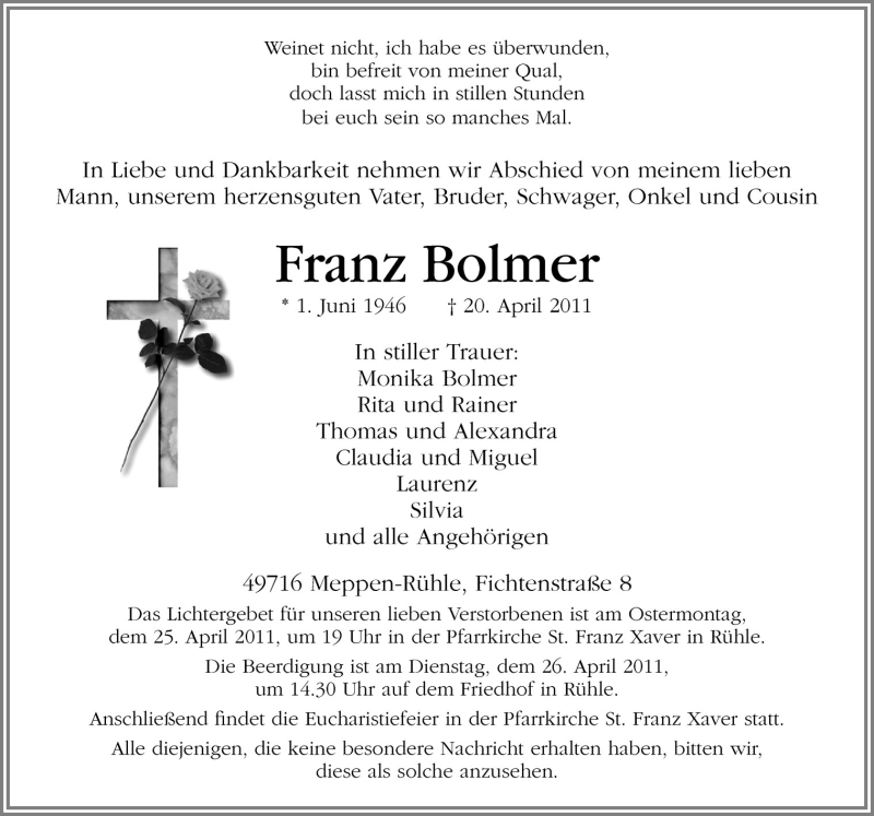  Traueranzeige für Franz Bolmer vom 23.04.2011 aus Neue Osnabrücker Zeitung GmbH & Co. KG